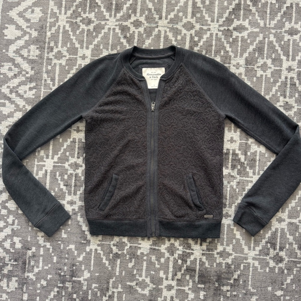 S Abercrombie & Fitch Charcoal Sweater Jacket Lace Overlay Bomber style zip